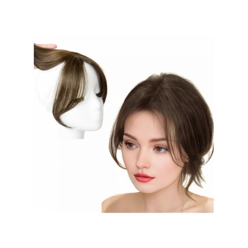 Human Hair Front Hairline Topper 10in Clip On Curtain Bangs Brown Lace PU Base